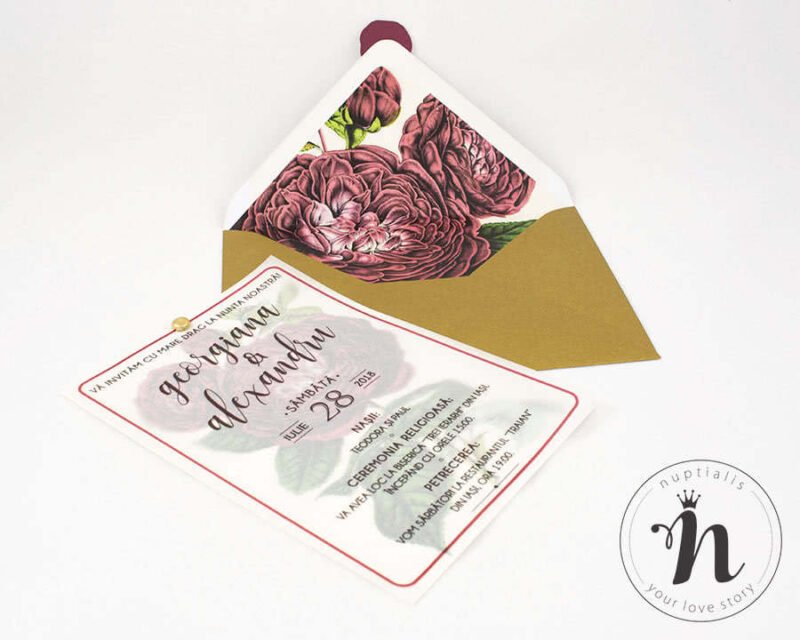Invitatii nunta botanical - Invitatii nunta cu sigiliu bordeaux si plic cu liner personalizat