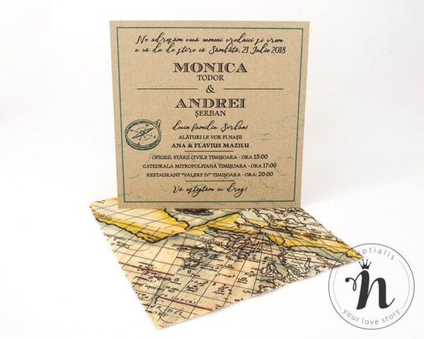 Invitatii Nunta - Invitatii nunta travel cu plic din calc imprimat cu harta vintage - vedere din fata