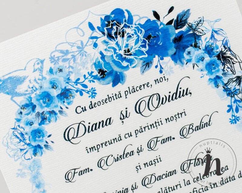 Invitatii nunta - Invitatii nunta vintage cu flori albastre - detaliu