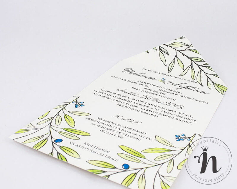 invitatii nunta vintage cu frunze de maslin - eva - detaliu 1