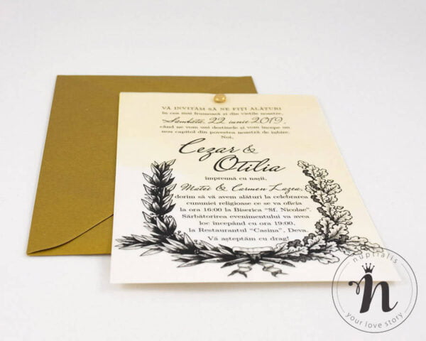 invitatii nunta vintage cu plic auriu - petra - detaliu