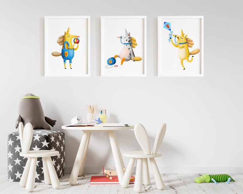 Set 3 tablouri camera copilului cu unicorni, animalute haioase si jucause.