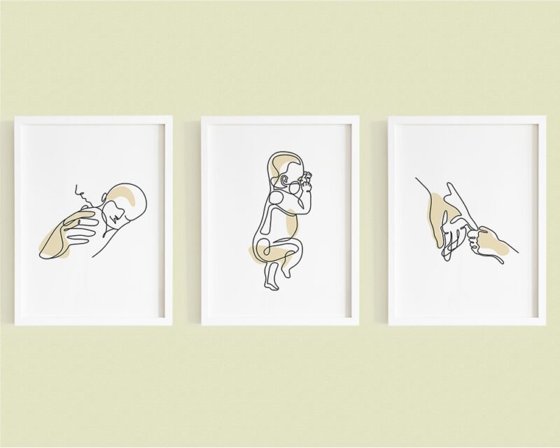 Set 3 tablouri minimaliste mama si copilul nou nascut, pe culoarea bej.