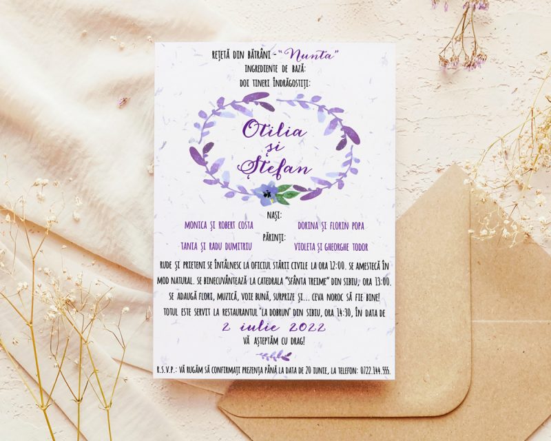 Invitatie nunta boho ANGELINA, invitatie florala cu grafica originala si text special, aranjare cu plic kraft.