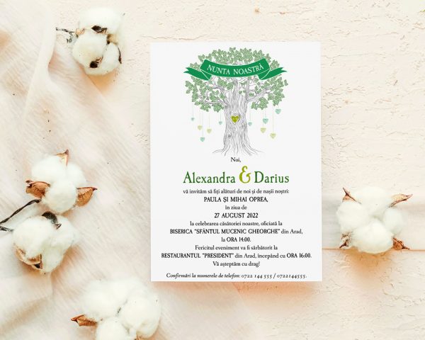 Invitatie nunta copacul vietii FLAVIA, colorit verde pentru o nunta moderna in aer liber.