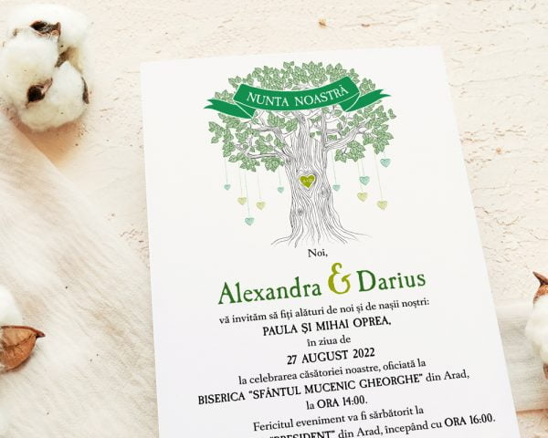 Invitatie nunta copacul vietii FLAVIA, grafica verde, detaliu.