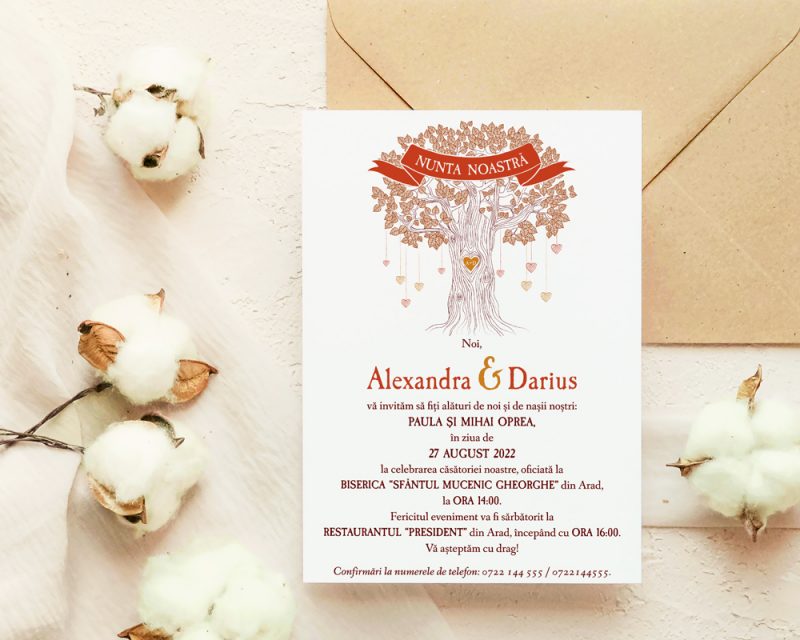 Invitatie nunta copacul vietii FLAVIA, grafica aramiu, aranjament cu plic.
