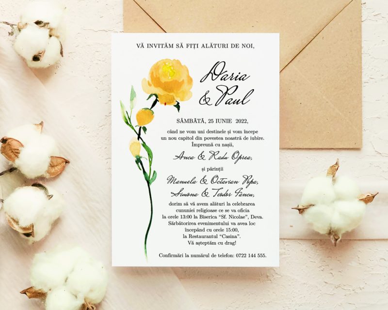 Invitatie nunta cu bujor ELIANA, invitatie cu grafica florala aranjata cu plic.