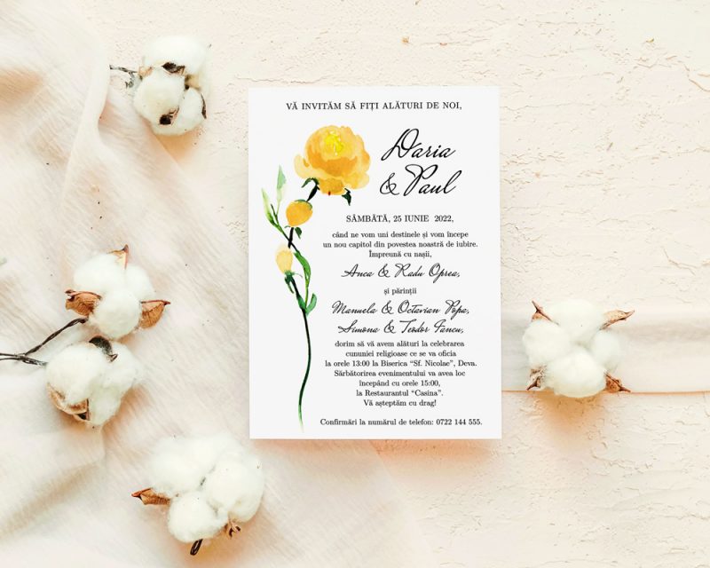 Invitatie nunta cu bujor ELIANA, invitatie de nunta florala cu efect de acuarela si fonturi de text romantice.