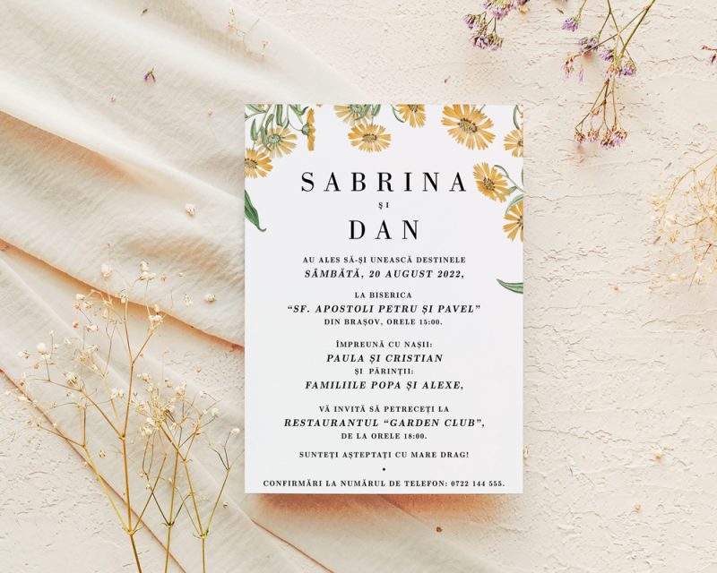 Invitatie nunta cu flori galbene MATHILDA, invitatie de nunta florala cu elemente vegetale vintage si aranjare moderna a textului.