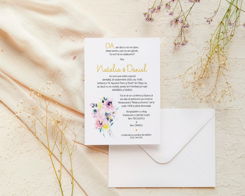 Invitatie nunta florala SABRINA, prezentata cu plic.