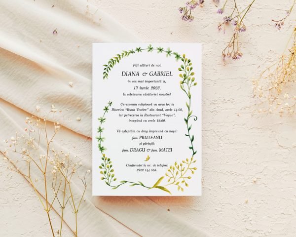 Invitatie nunta greenery CLAUDIA, invitatie de nunta cu design botanic in stil acuarela, cu nuante de verde.