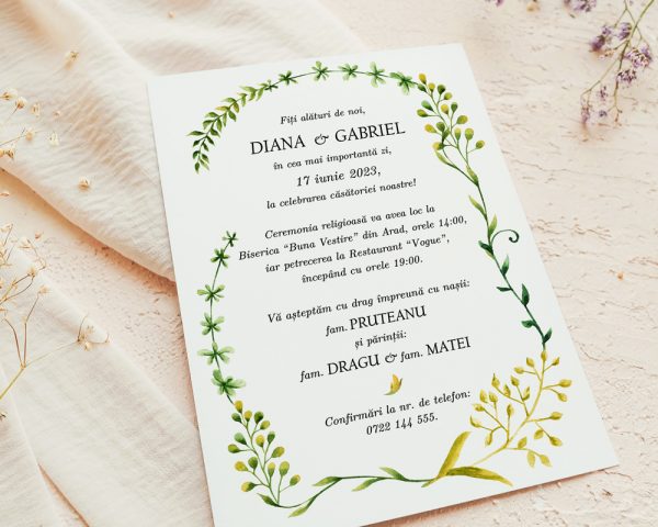 Invitatie nunta greenery CLAUDIA, detaliu.