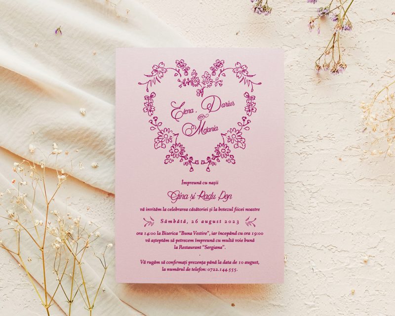 Invitatie nunta si botez PINK FLOWERS cu flori delicate roz.