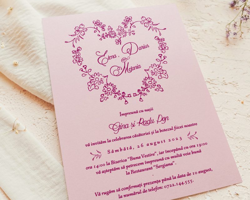 Invitatie nunta si botez PINK FLOWERS, detaliu.
