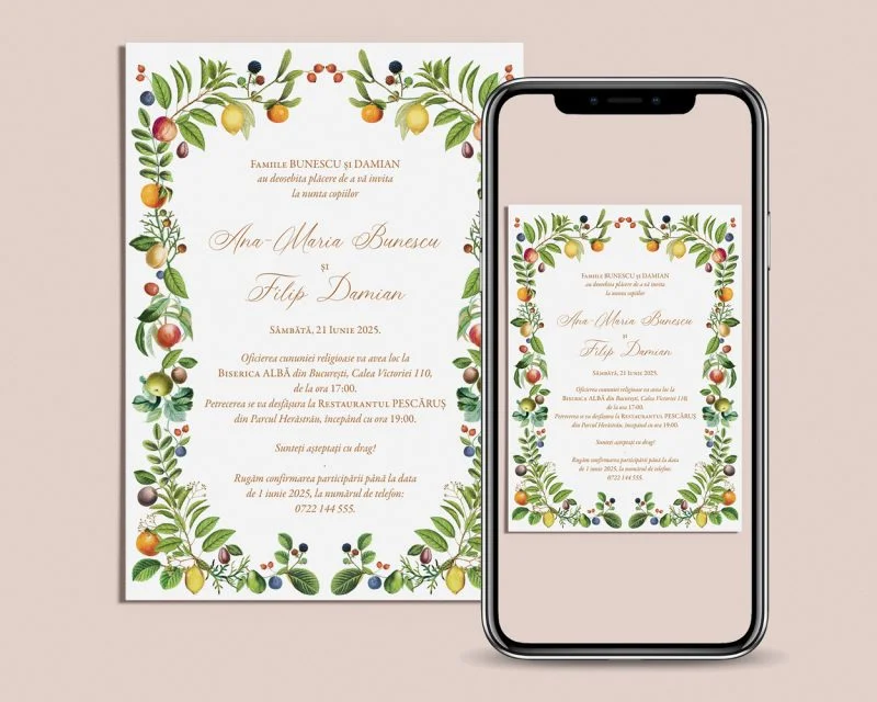 Invitatie nunta digitala Ana cu fructe colorate si plante verzi optimizata pentru telefon mobil