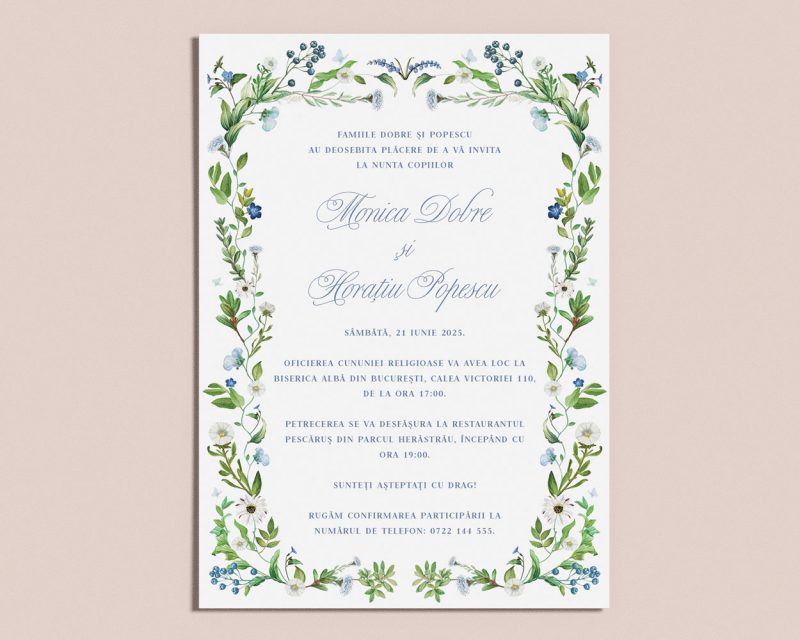Detaliu invitatie nunta digitala Monica design modern cu rama din plante verzi si flori in nuante de albastru