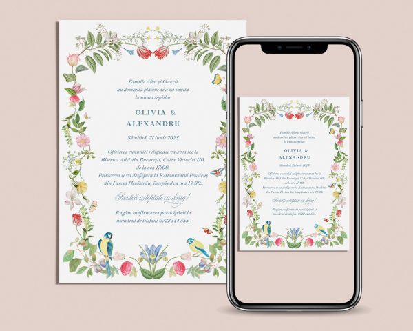 Invitatie nunta digitala Olivia o creatie unicat de lux prezentata pe telefonul mobil