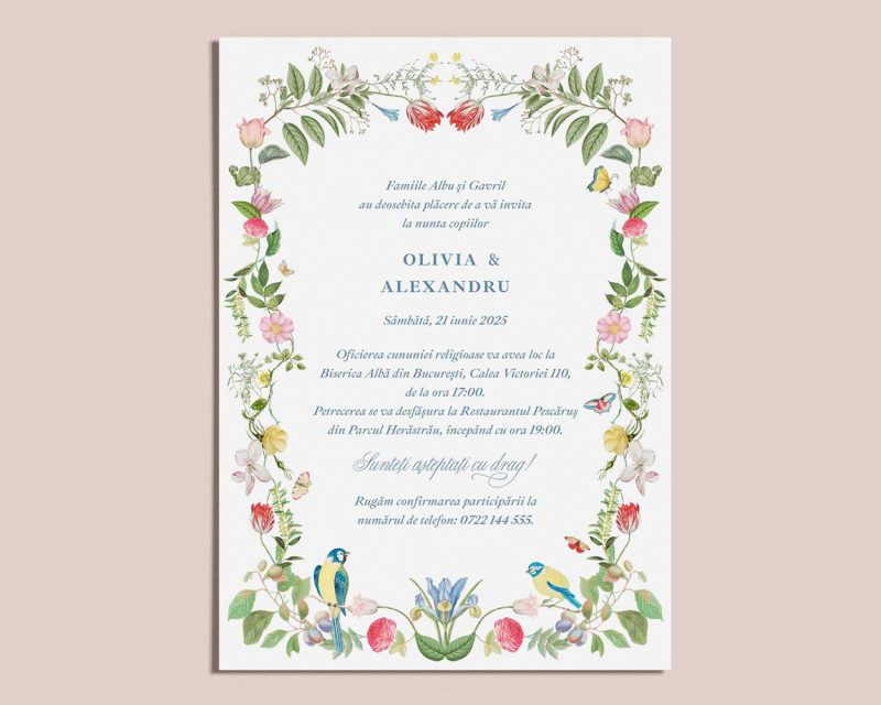 Detaliu invitatie nunta digitala Olivia un model premium cu plante verzi flori si pasari in culori pastel
