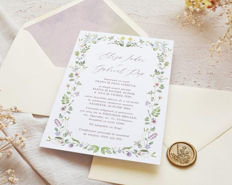 Invitatie nunta cu flori de camp ELIZA, detaliu invitatie cu sigiliu auriu