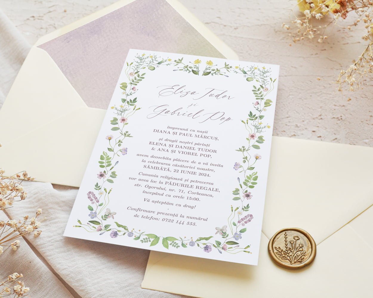 Invitatie nunta cu flori de camp ELIZA, detaliu invitatie cu sigiliu auriu