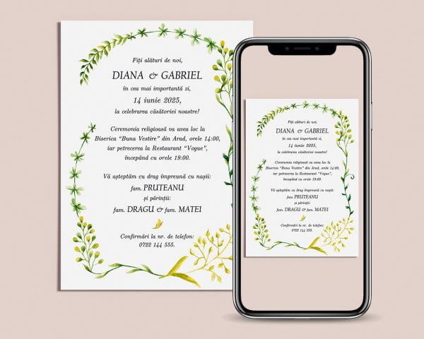 Invitatie nunta digitala Claudia prezentata pe telefon mobil cu elemente botanice in stil greenery