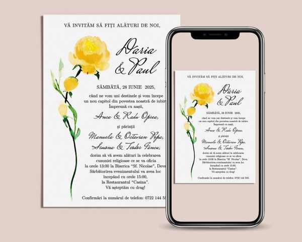 Invitatie nunta digitala Eliana cu grafica florala watercolor optimizata pentru mobil