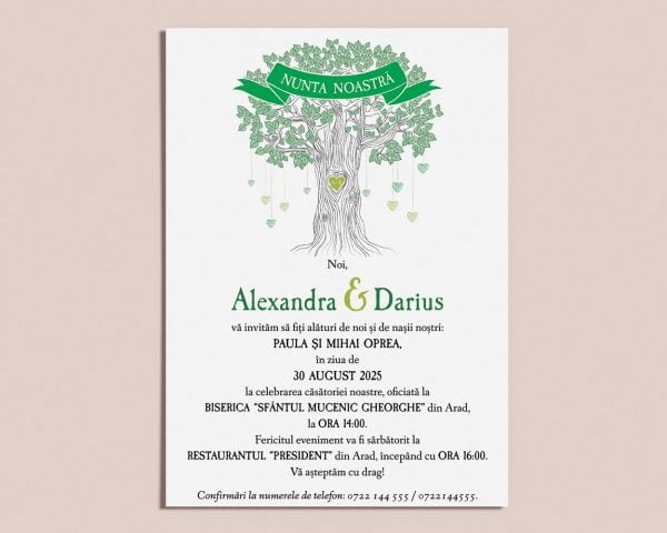 Detaliu invitatie nunta digitala Flavia cu grafica in nuante de verde si copac pentru o nunta in aer liber