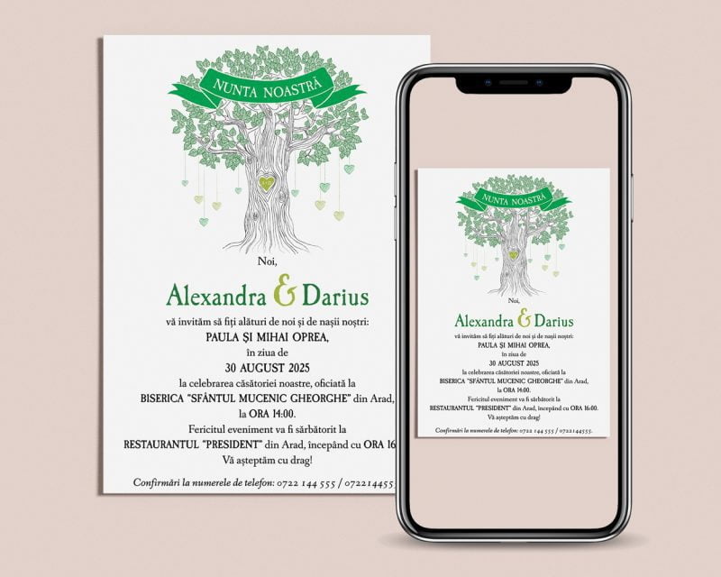 Invitatie nunta digitala Flavia usor de trimis pe telefon celor dragi cu copac verde