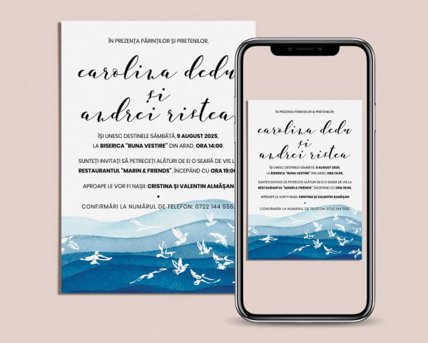 Invitatie nunta digitala Livia cu design marin si pasari prezentata pe telefon mobil