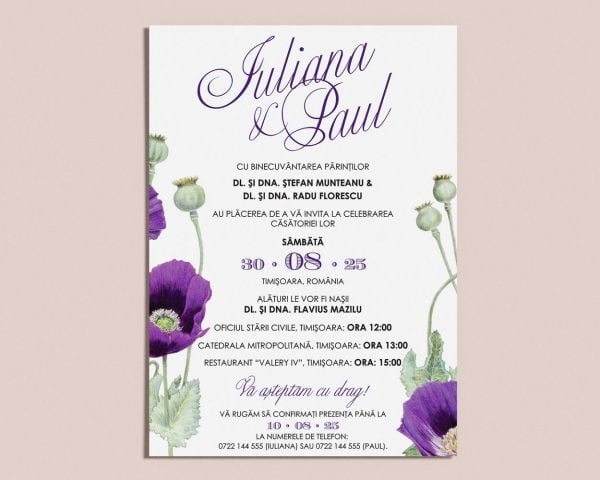Detaliu invitatie nunta digitala Louisa un design modern cu flori deosebite de mac de culoare violet