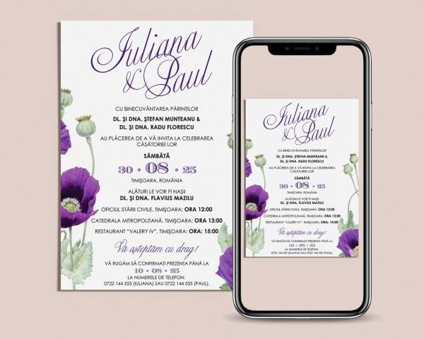 Invitatie nunta digitala Louisa un model elegant cu maci violet optimizata pentru telefonul mobil