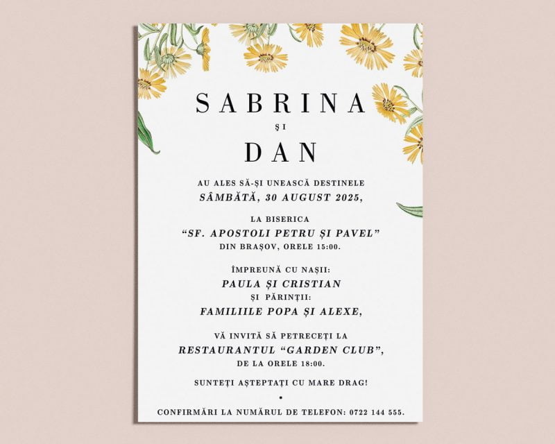 Detaliu invitatie nunta digitala Mathilda cu flori galbene si design modern