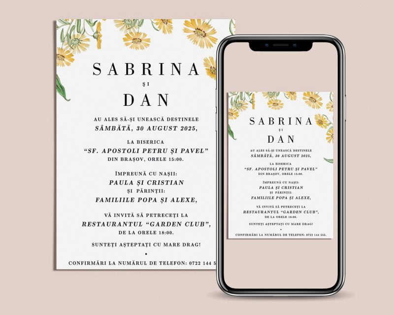 Invitatie nunta digitala Mathilda design floral in format electronic prezentat pe mobil