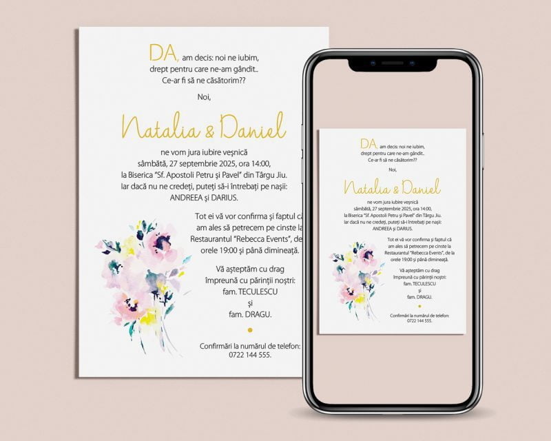 Invitatie nunta digitala Sabrina format electronic optimizat pentru mobil cu design floral in culori pastel