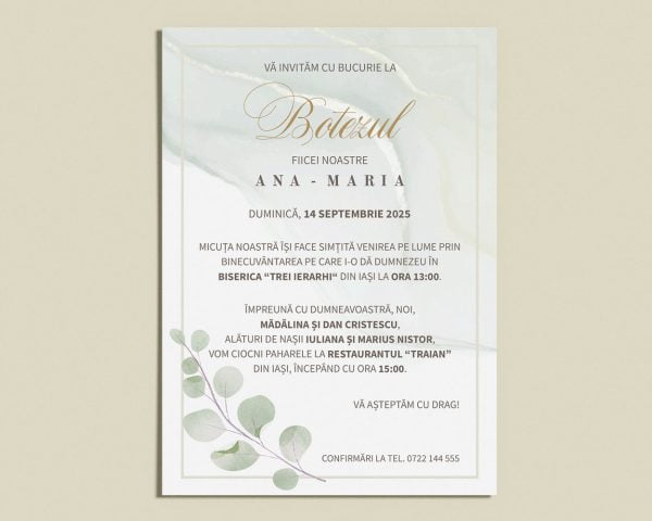 Detaliu invitatie botez digitala Elegant Eucalyptus design elegant cu textura de marmura pentru botez fetita sau baiat