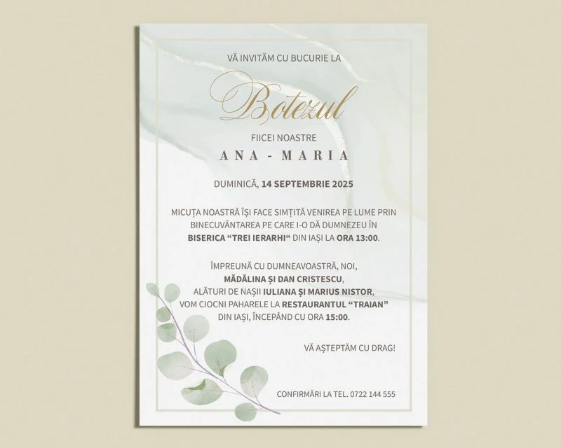 Detaliu invitatie botez digitala Elegant Eucalyptus design elegant cu textura de marmura pentru botez fetita sau baiat