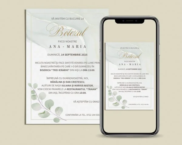 Invitatie botez digitala Elegant Eucalyptus pentru un botez modern si elegant prezentata pe telefonul mobil