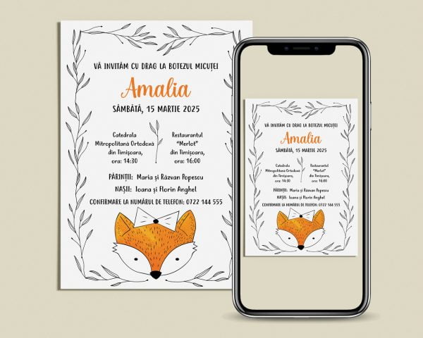 Invitatie botez digitala Little Fox un model de invitatie unicat cu vulpe prezentata pe telefonul mobil