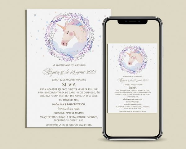 Invitatie botez digitala Magical Unicorn prezentata pe mobil cu design special pentru botezul unei fetite cu tema unicorn