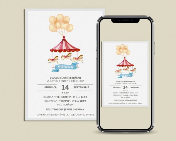 Invitatie botez digitala Precious Carousel cu baloane si caluti jucausi prezentata pe mobil