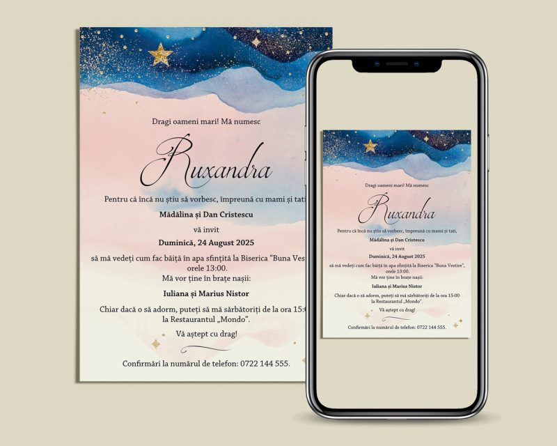 Invitatie botez digitala Twinkle Twinkle Little Star prezentata pe mobil cu un design inedit pentru botezul unei fetite
